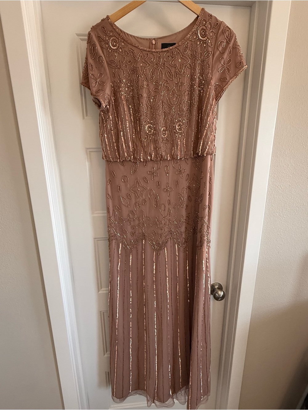 Adrianna Papell Rose Blush Beaded Cap-Sleeve Maxi Dress